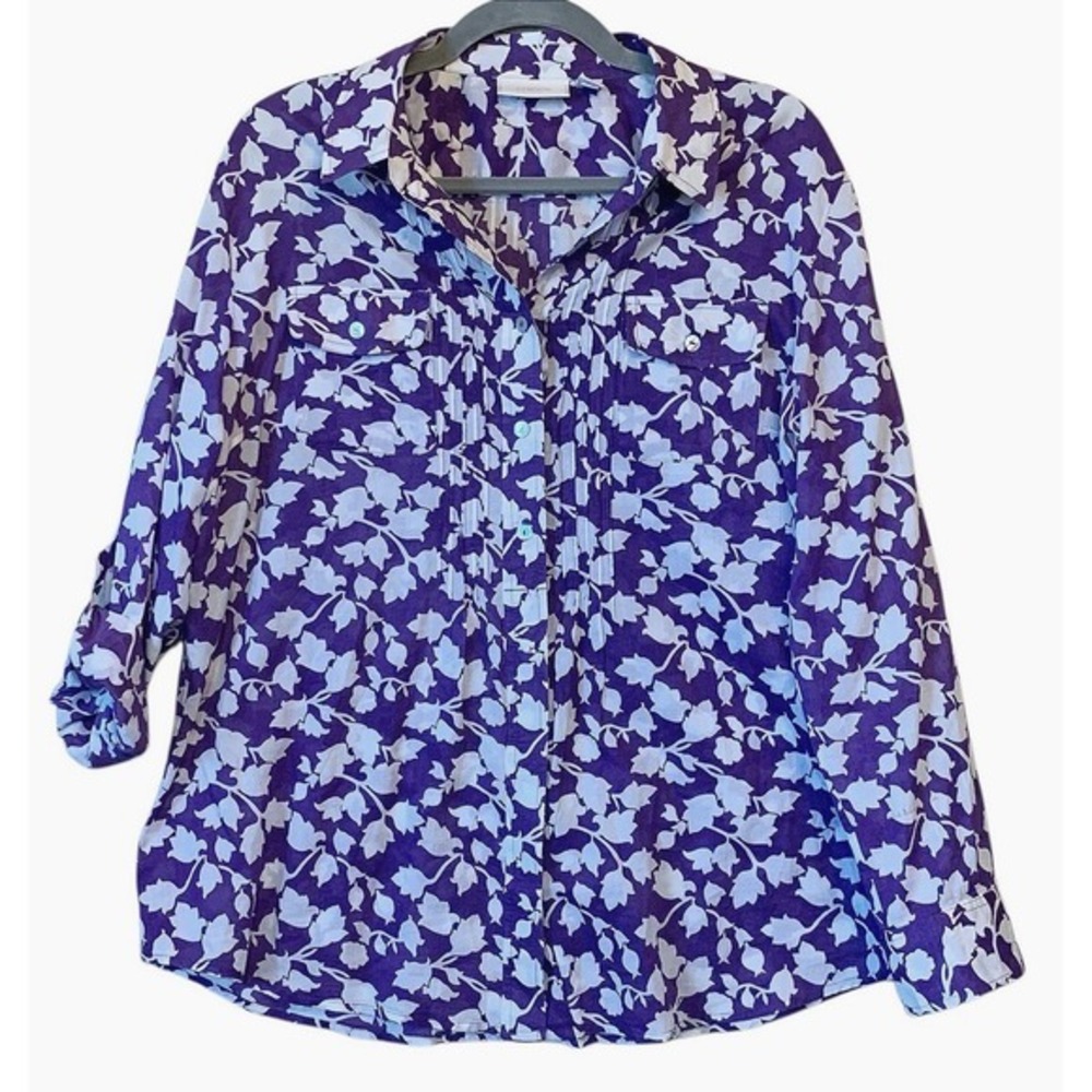 Chicos Blouse Tunic 100% Cotton US 12 Purple White Tab‎ Roll Sleeve Light Weight